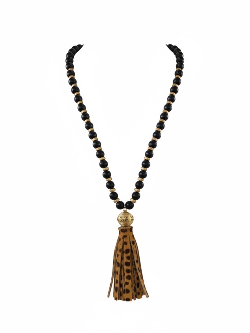 Leopard Tassel Black & Gold Long Beaded Necklace